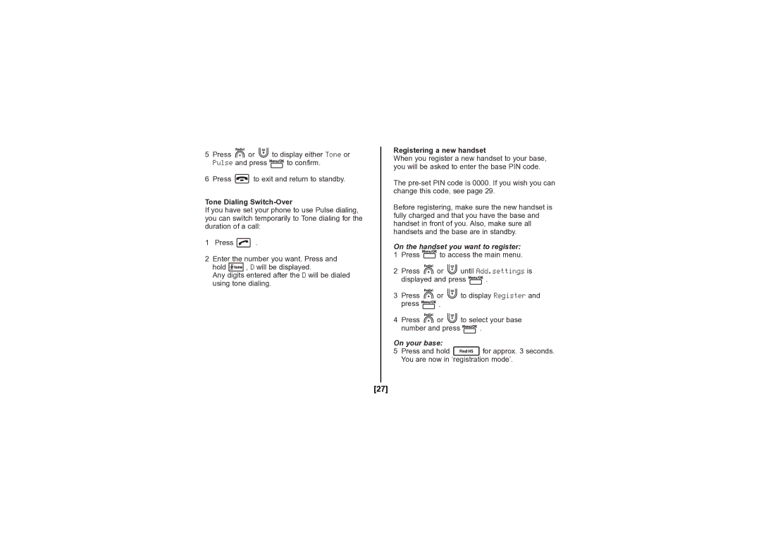 Uniden DECT1080 Tone Dialing Switch-Over, Registering a new handset, On the handset you want to register, On your base 