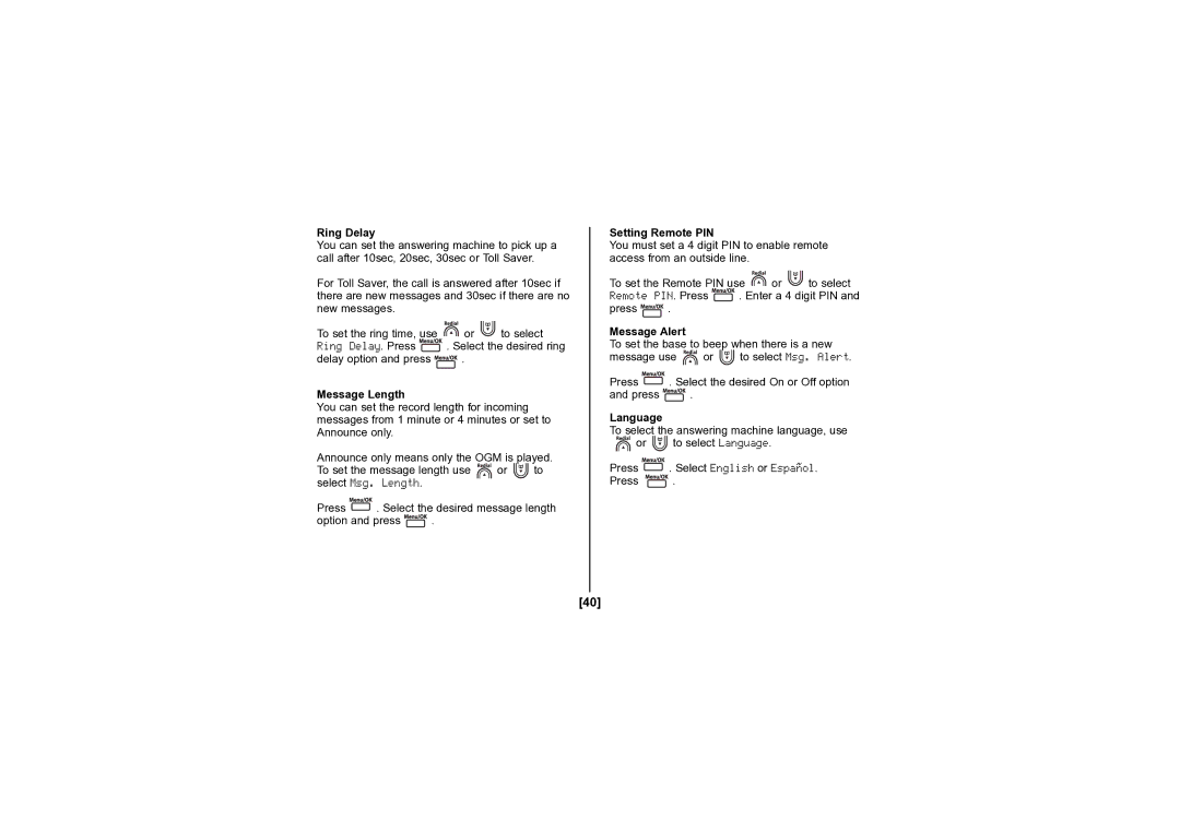 Uniden DECT1080 manual Ring Delay, Setting Remote PIN, Message Alert, Message Length 