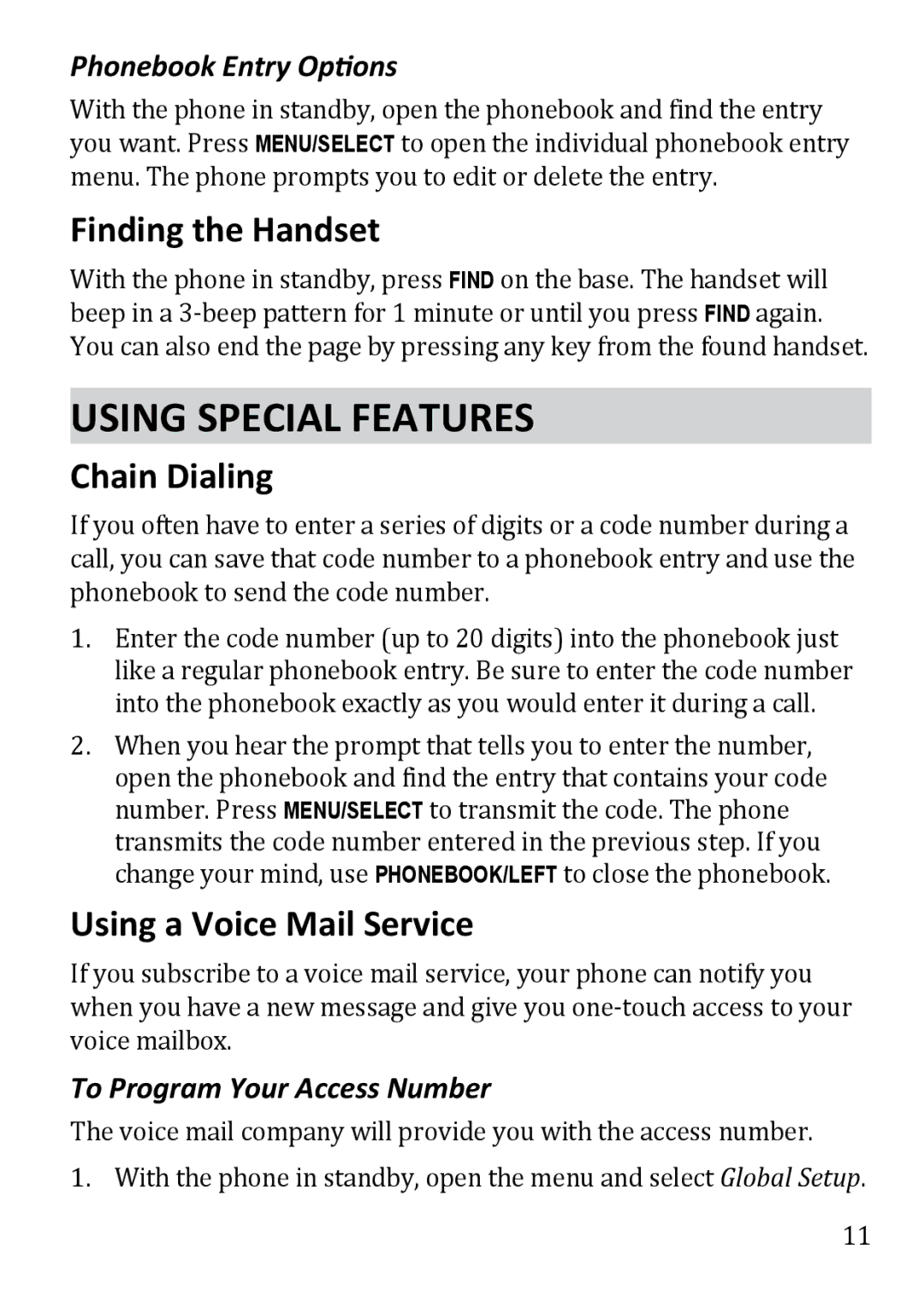 Uniden DECT1363BK manual Using Special Features, Finding the Handset, Chain Dialing, Using a Voice Mail Service 