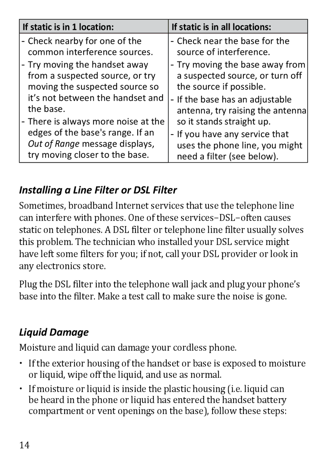 Uniden DECT1363BK manual Installing a Line Filter or DSL Filter, Liquid Damage 