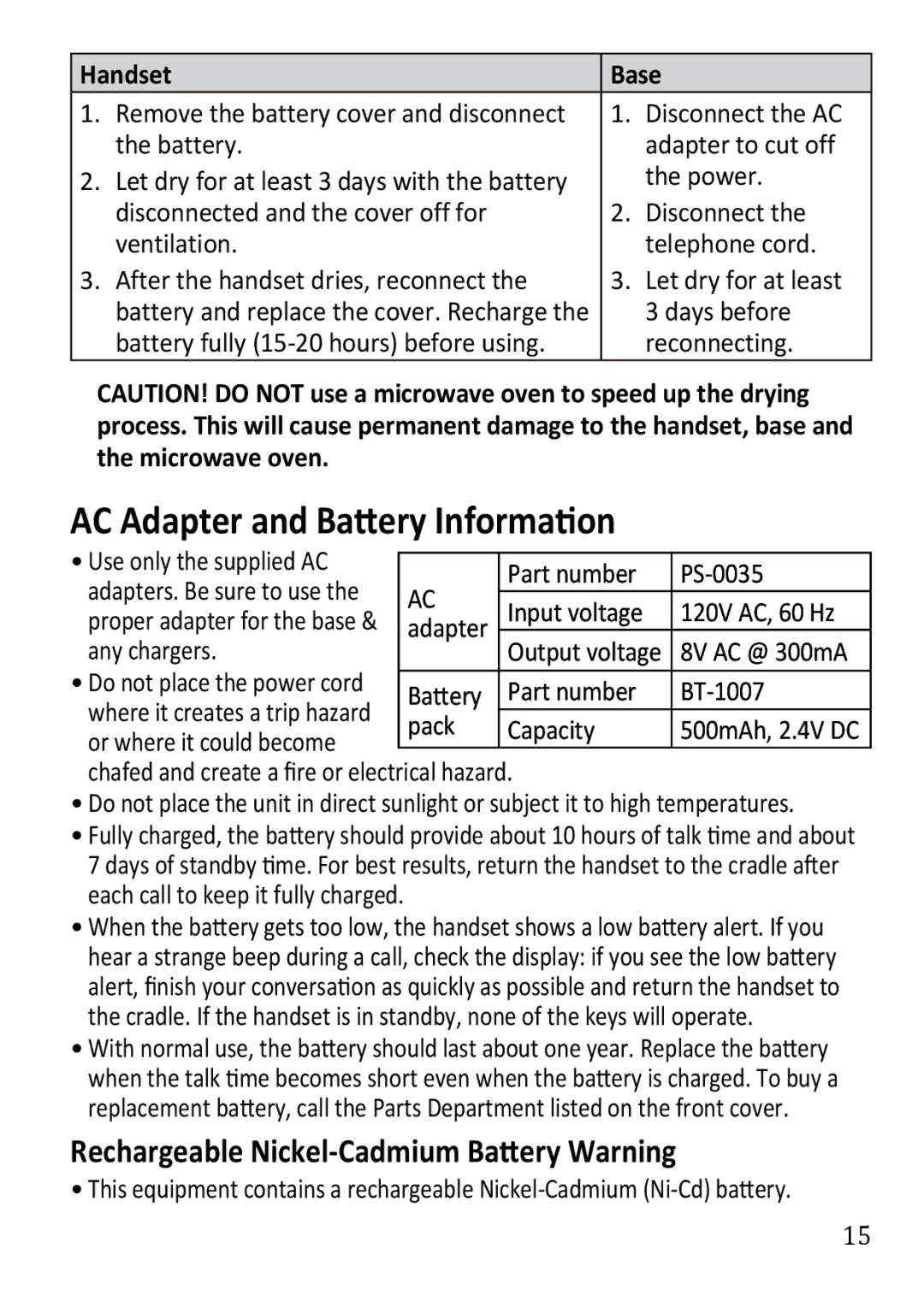 Uniden DECT1363BK manual Rechargeable Nickel-Cadmium Battery Warning, Handset Base 