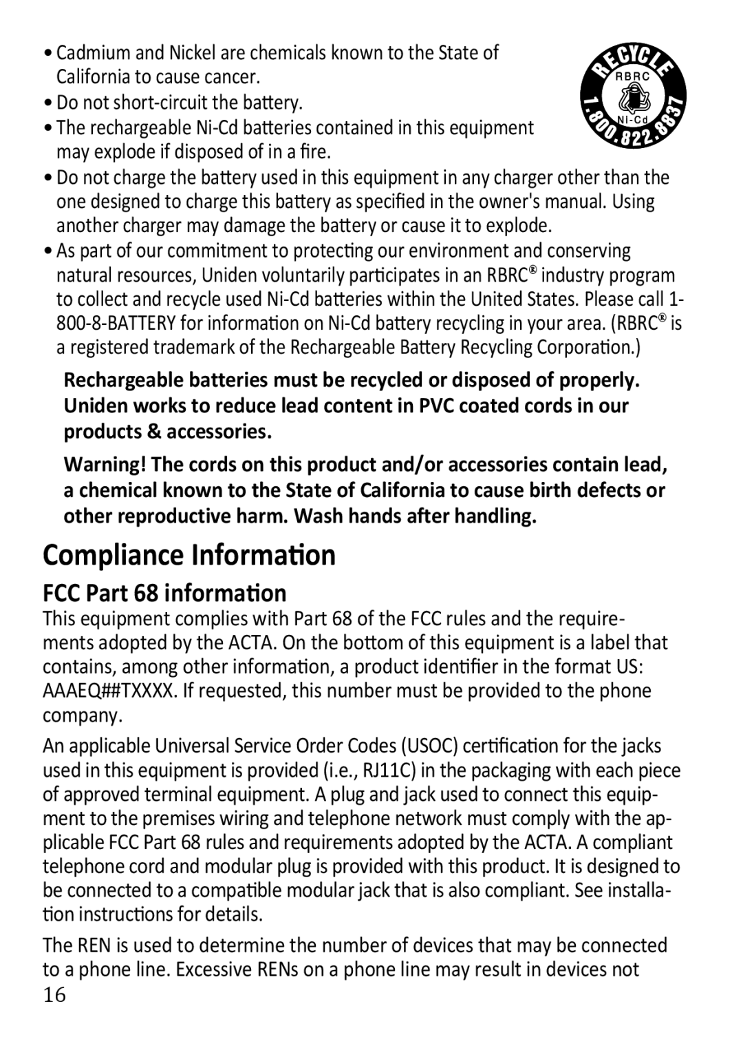 Uniden DECT1363BK manual Compliance Information, FCC Part 68 information 