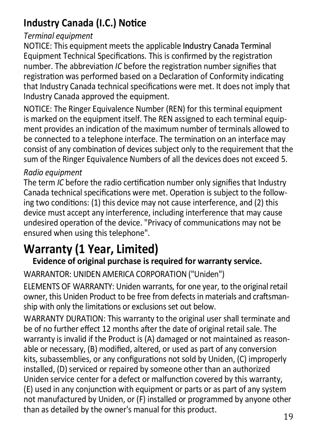 Uniden DECT1363BK manual Industry Canada I.C. Notice, Terminal equipment Radio equipment 