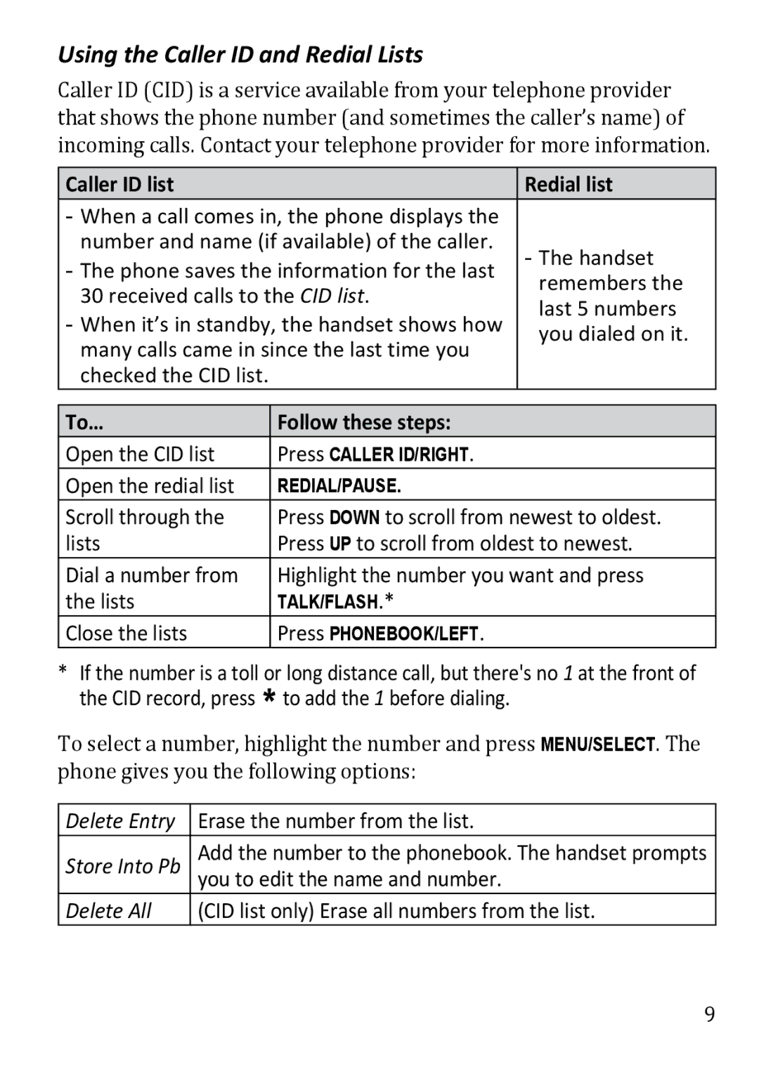 Uniden DECT1363BK manual Using the Caller ID and Redial Lists, Caller ID list Redial list, To… Follow these steps 