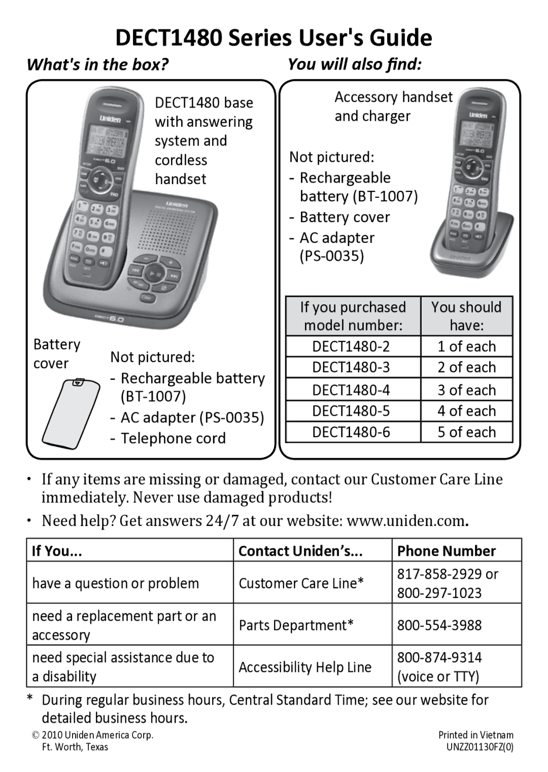 Uniden manual DECT1480 Series Users Guide, Whats in the box?, You will also find, If You Contact Uniden’s Phone Number 