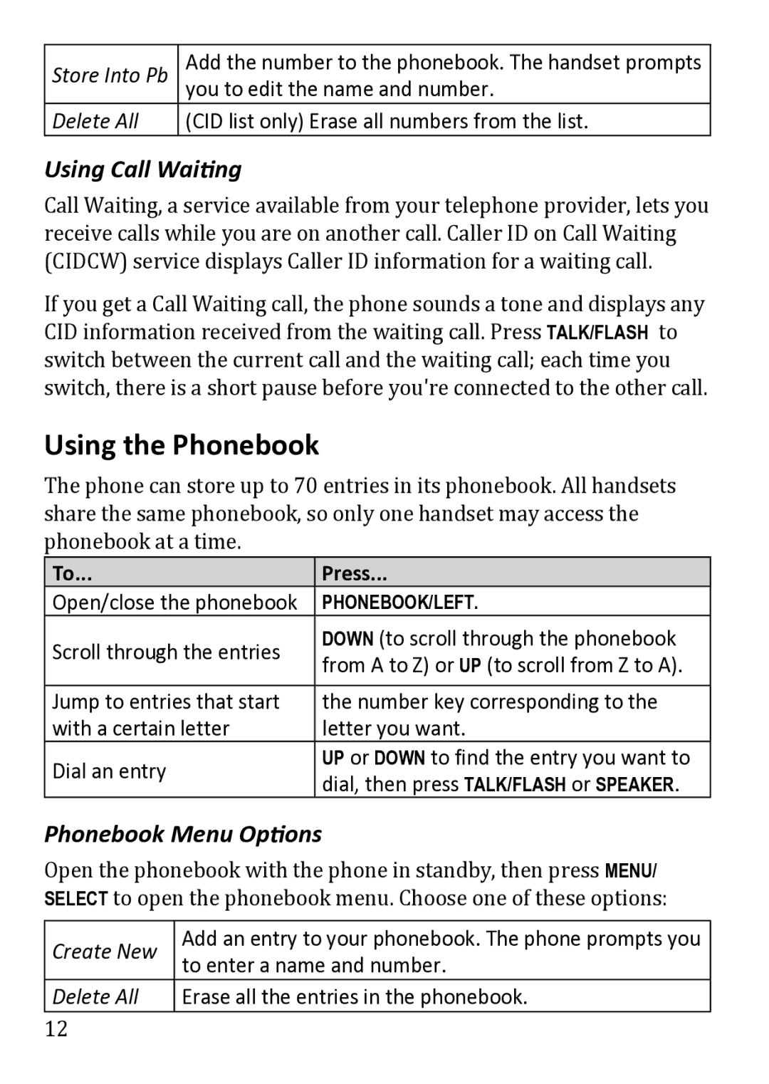 Uniden DECT1480 manual Using the Phonebook, Using Call Waiting, Phonebook Menu Options, Press 