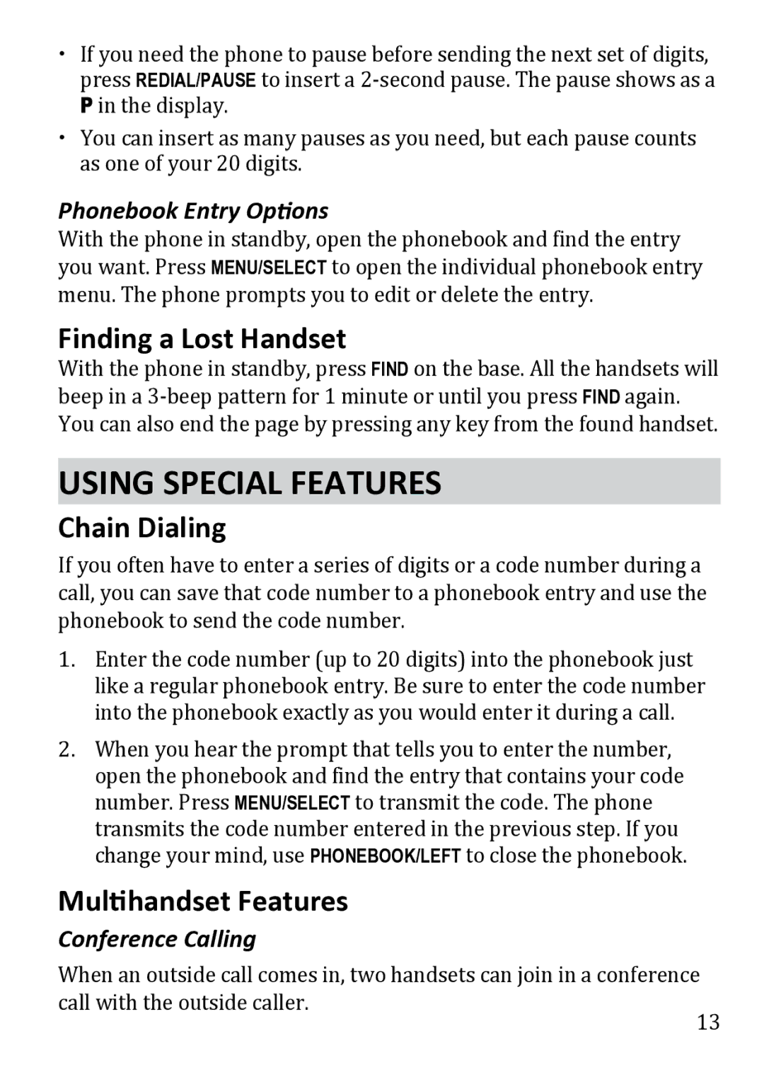 Uniden DECT1480 manual Using Special Features, Finding a Lost Handset, Chain Dialing, Multihandset Features 