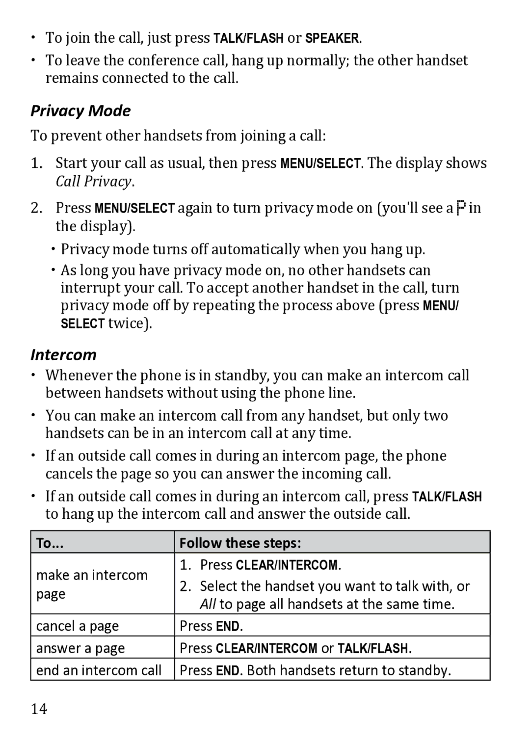 Uniden DECT1480 manual Privacy Mode, Intercom, Make an intercom, Cancel a Press End Answer a 