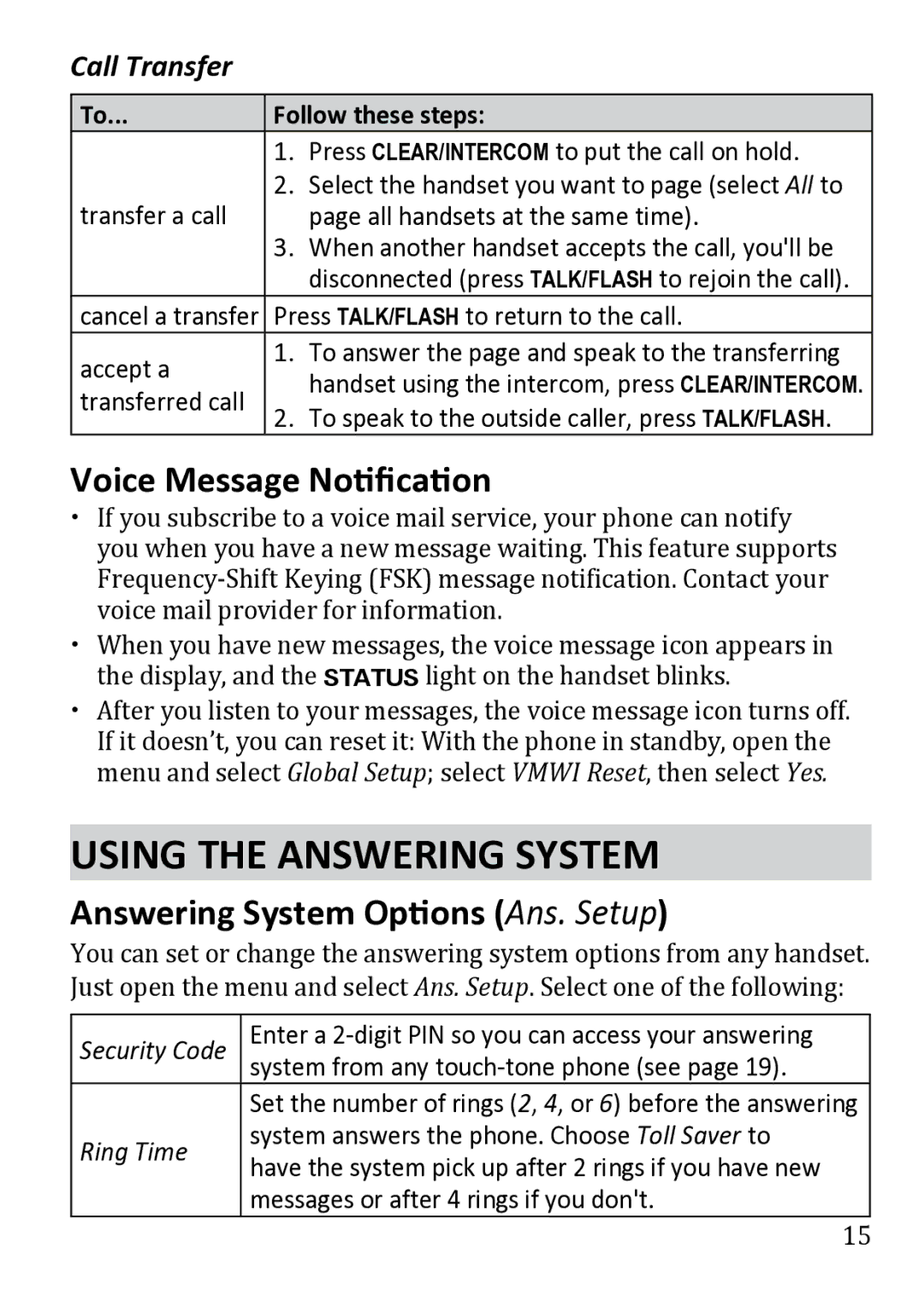 Uniden DECT1480 Using the Answering System, Voice Message Notification, Answering System Options Ans. Setup, Call Transfer 