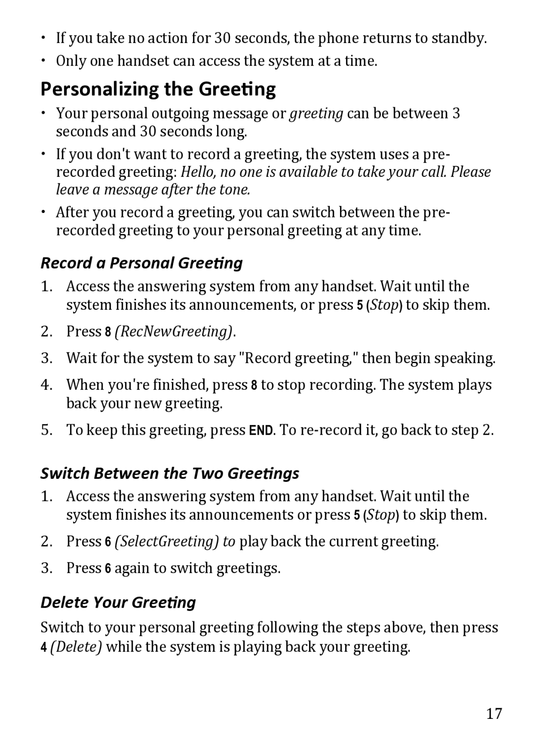 Uniden DECT1480 manual Personalizing the Greeting, Record a Personal Greeting, Switch Between the Two Greetings 