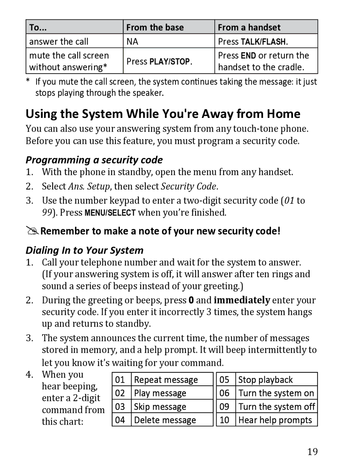 Uniden DECT1480 manual Using the System While Youre Away from Home, Programming a security code, Dialing In to Your System 