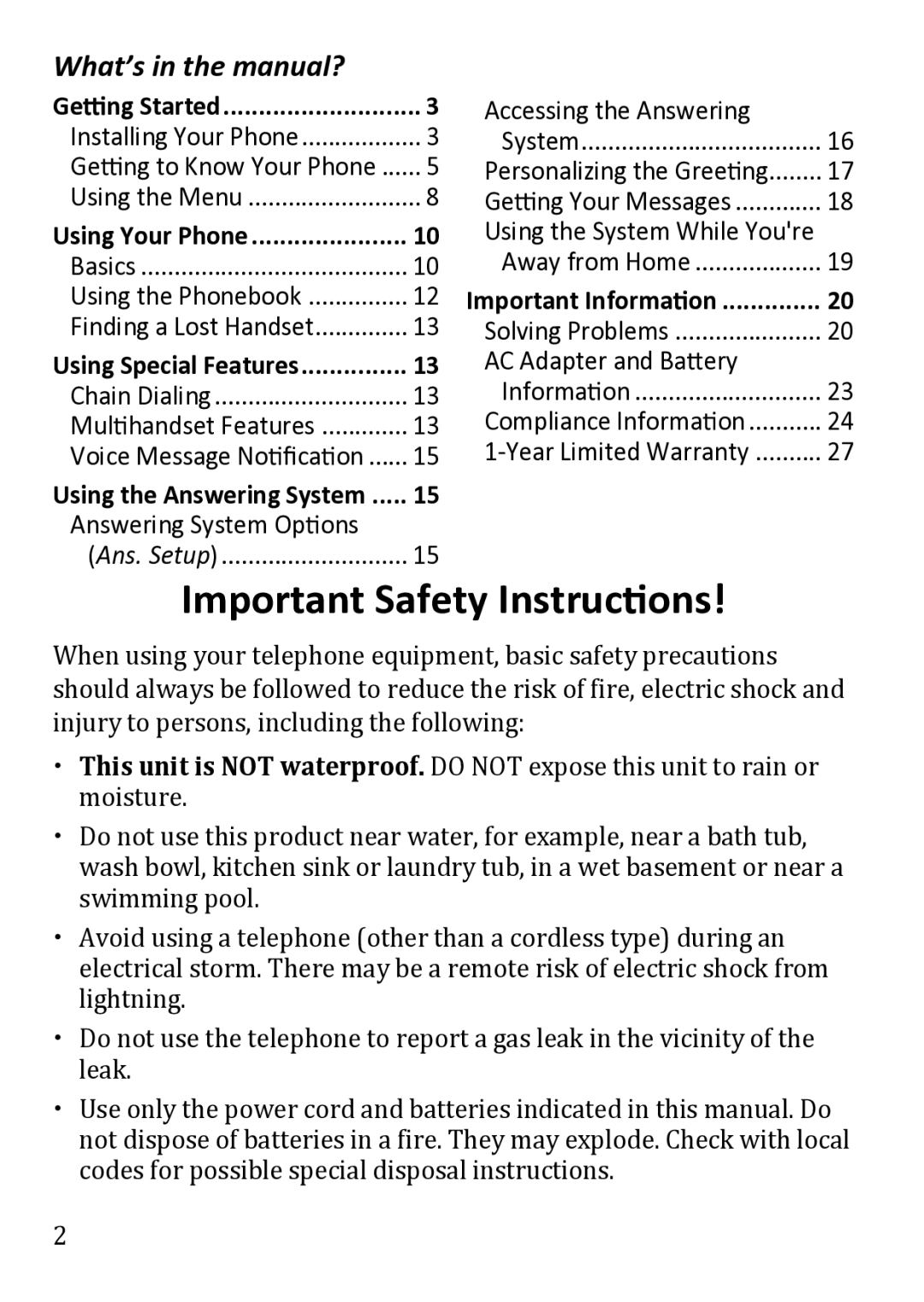 Uniden DECT1480 Important Safety Instructions, What’s in the manual?, Ans. Setup Accessing the Answering System 