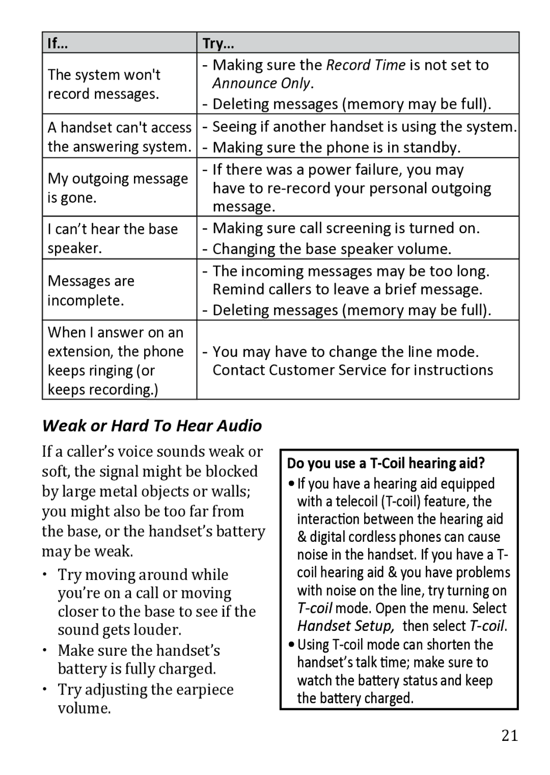 Uniden DECT1480 manual Weak or Hard To Hear Audio, If… Try…, Announce Only, Do you use a T-Coil hearing aid? 