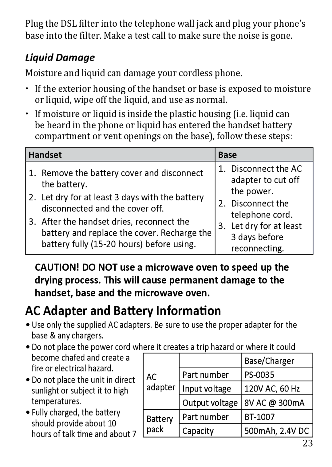 Uniden DECT1480 manual Liquid Damage, Handset Base 