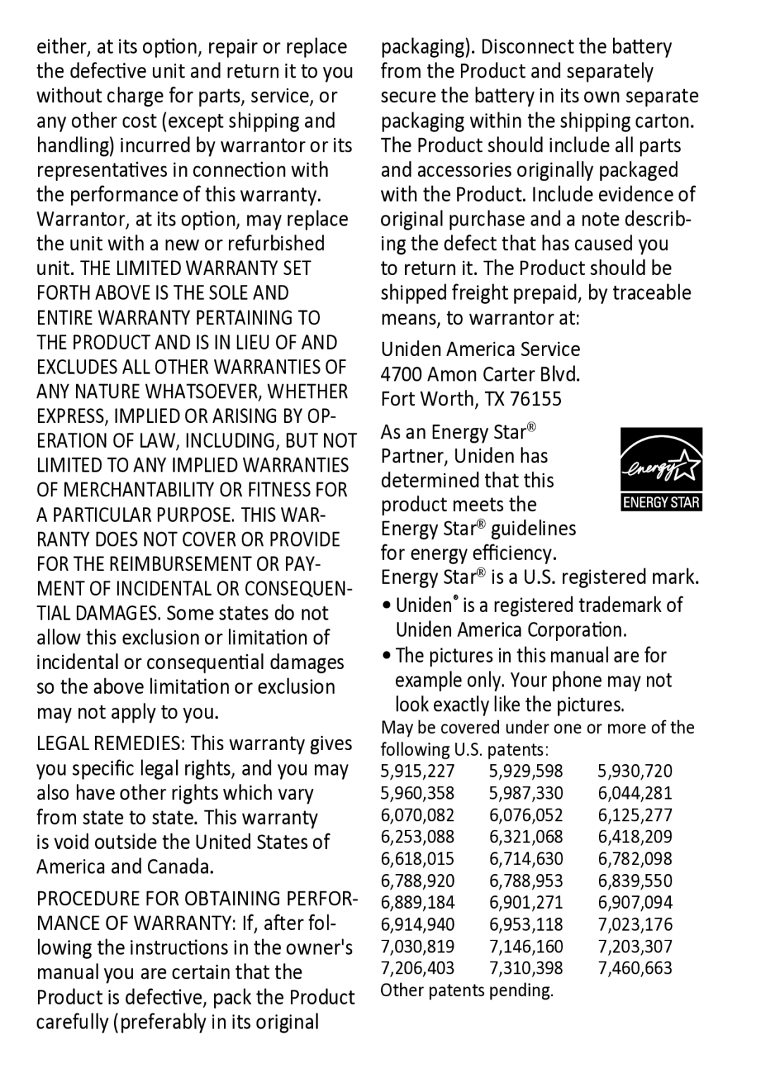 Uniden DECT1480 Uniden America Service Amon Carter Blvd Fort Worth, TX, For energy efficiency, Uniden America Corporation 