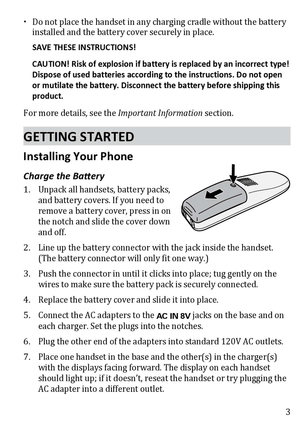 Uniden DECT1480 manual Getting Started, Installing Your Phone, Charge the Battery 