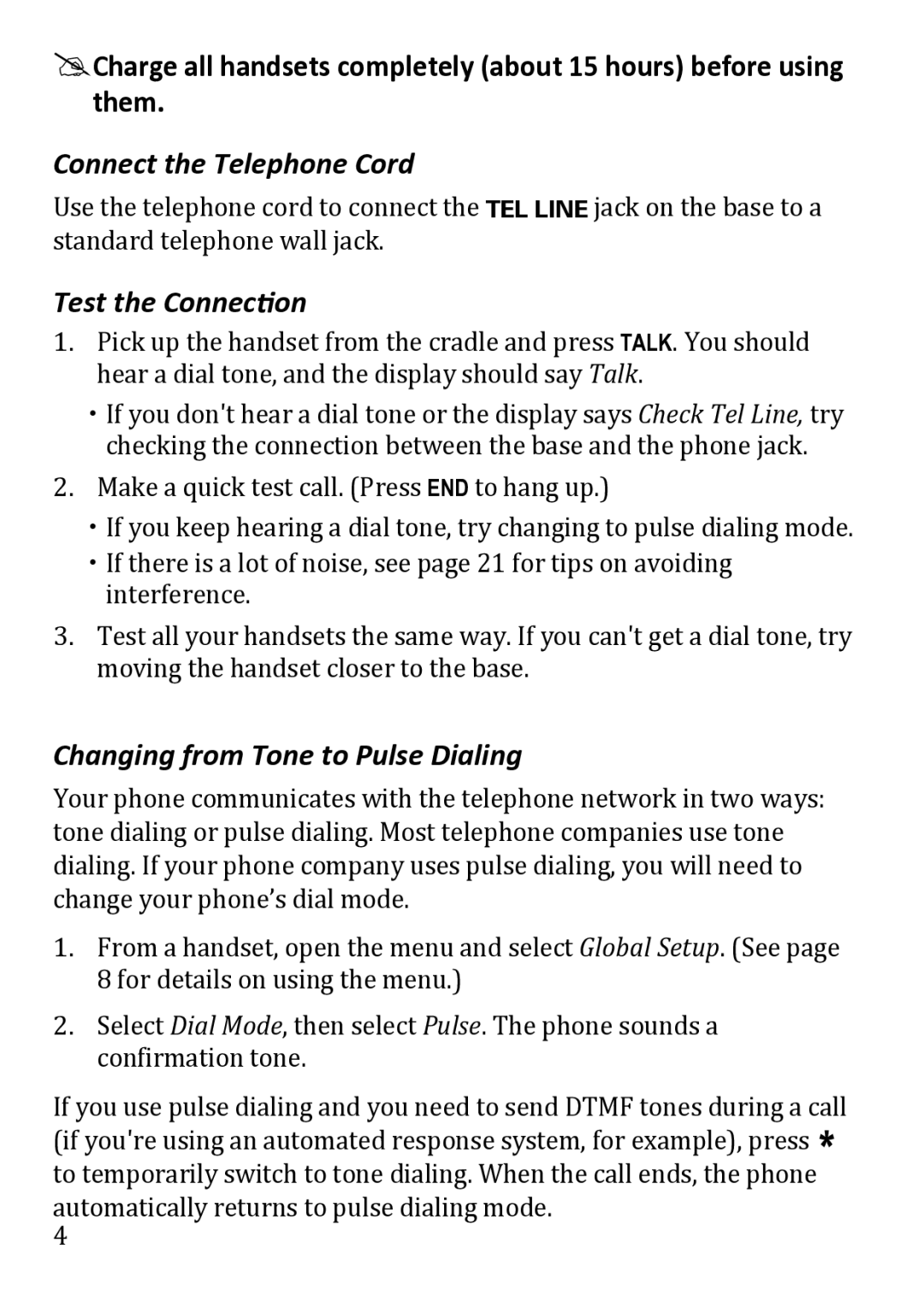 Uniden DECT1480 manual Connect the Telephone Cord, Test the Connection, Changing from Tone to Pulse Dialing 