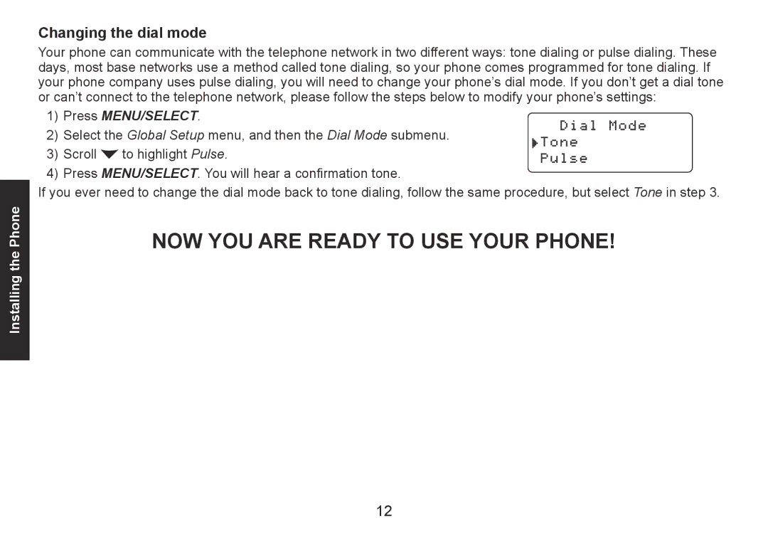 Uniden DECT1560 Series manual Changing the dial mode, Press MENU/SELECT 