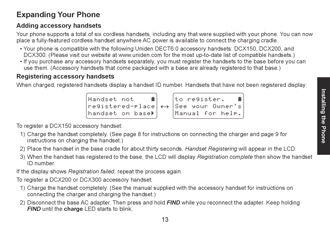 Uniden DECT1560 Series manual Expanding Your Phone, Adding accessory handsets, Registering accessory handsets 