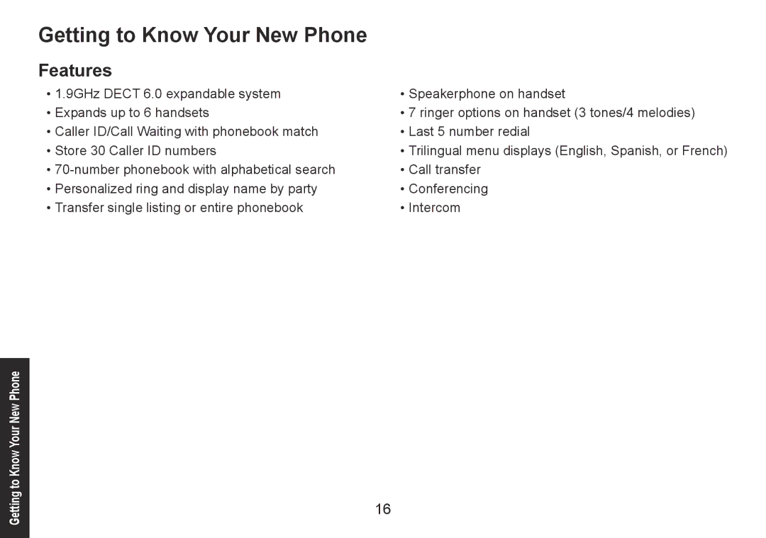 Uniden DECT1560 Series manual Getting to Know Your New Phone, Features 