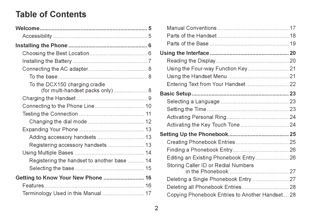 Uniden DECT1560 Series manual Table of Contents 