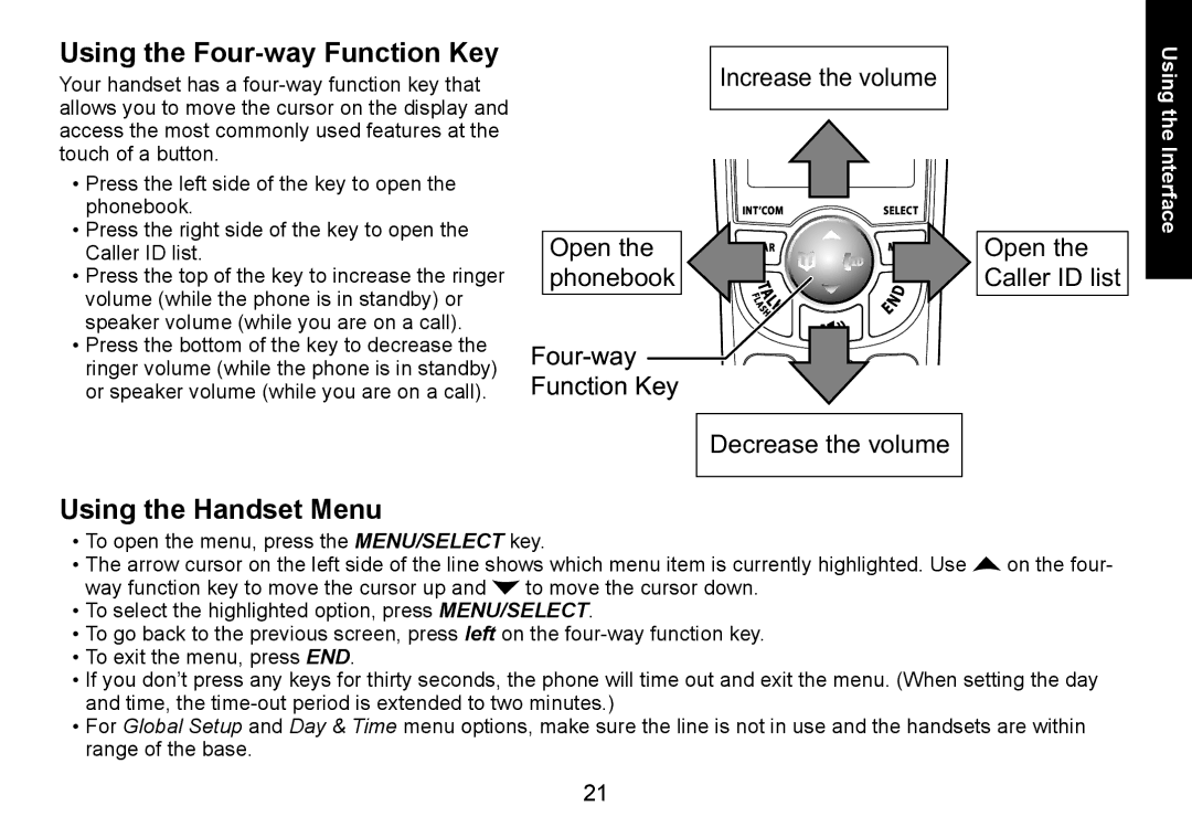 Uniden DECT1560 Series manual Using the Four-way Function Key, Using the Handset Menu 