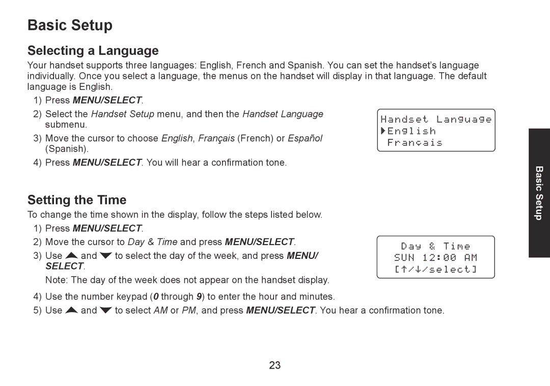 Uniden DECT1560 Series manual Basic Setup, Selecting a Language, Setting the Time 