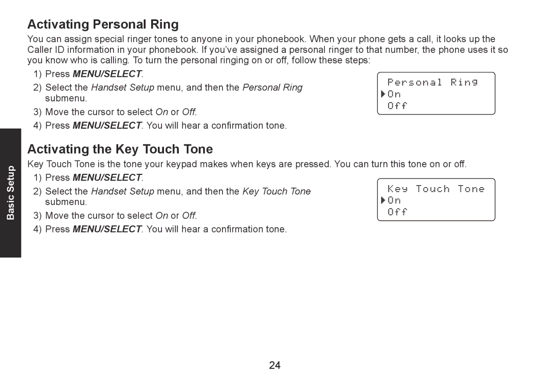 Uniden DECT1560 Series manual Activating Personal Ring, Activating the Key Touch Tone 