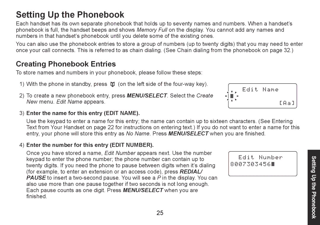 Uniden DECT1560 Series manual Setting Up the Phonebook, Creating Phonebook Entries, Enter the name for this entry Edit Name 