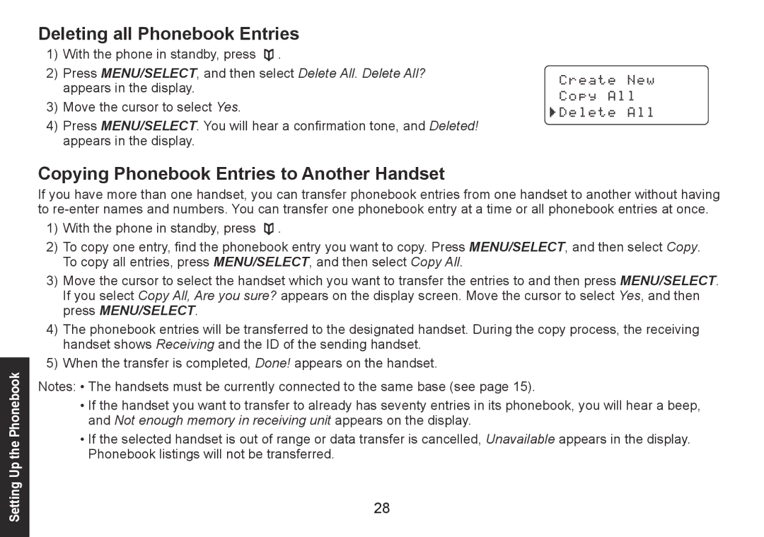 Uniden DECT1560 Series manual Deleting all Phonebook Entries, Copying Phonebook Entries to Another Handset 