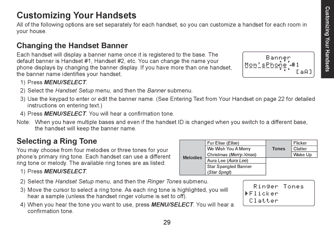 Uniden DECT1560 Series manual Customizing Your Handsets, Changing the Handset Banner, Selecting a Ring Tone 