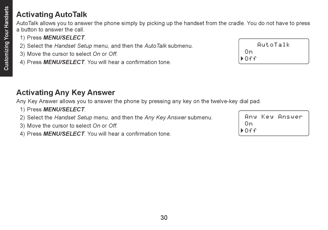 Uniden DECT1560 Series manual Activating AutoTalk, Activating Any Key Answer 