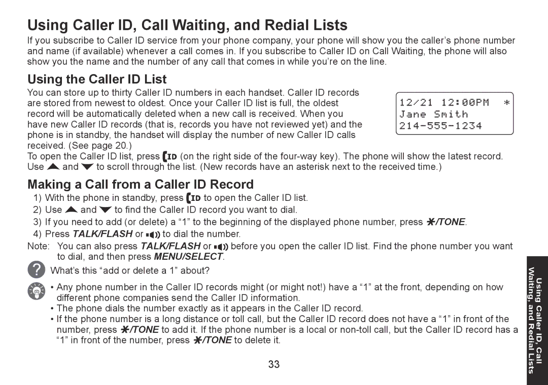 Uniden DECT1560 Series manual Using Caller ID, Call Waiting, and Redial Lists, Using the Caller ID List 