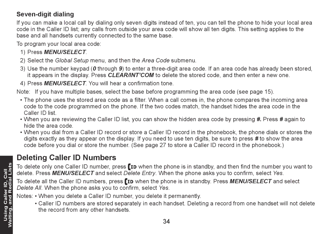 Uniden DECT1560 Series manual Deleting Caller ID Numbers, Seven-digit dialing 