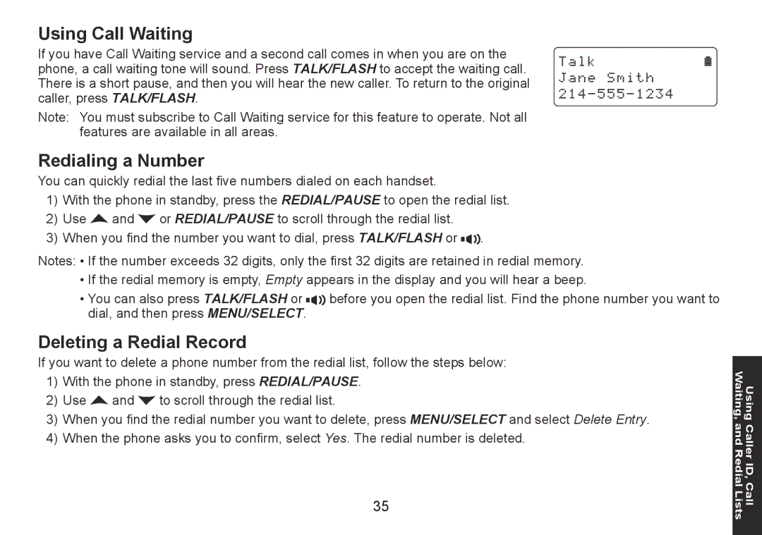 Uniden DECT1560 Series manual Using Call Waiting, Redialing a Number, Deleting a Redial Record 