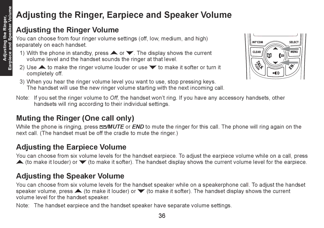 Uniden DECT1560 Series manual Adjusting the Ringer, Earpiece and Speaker Volume, Adjusting the Ringer Volume 