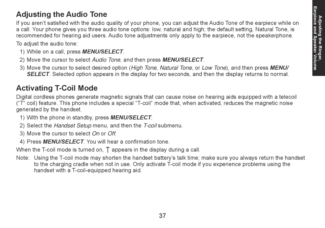 Uniden DECT1560 Series manual Adjusting the Audio Tone, Activating T-Coil Mode 