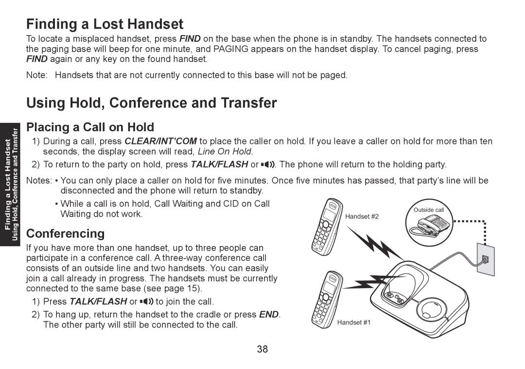 Uniden DECT1560 Series Finding a Lost Handset, Using Hold, Conference and Transfer, Placing a Call on Hold, Conferencing 