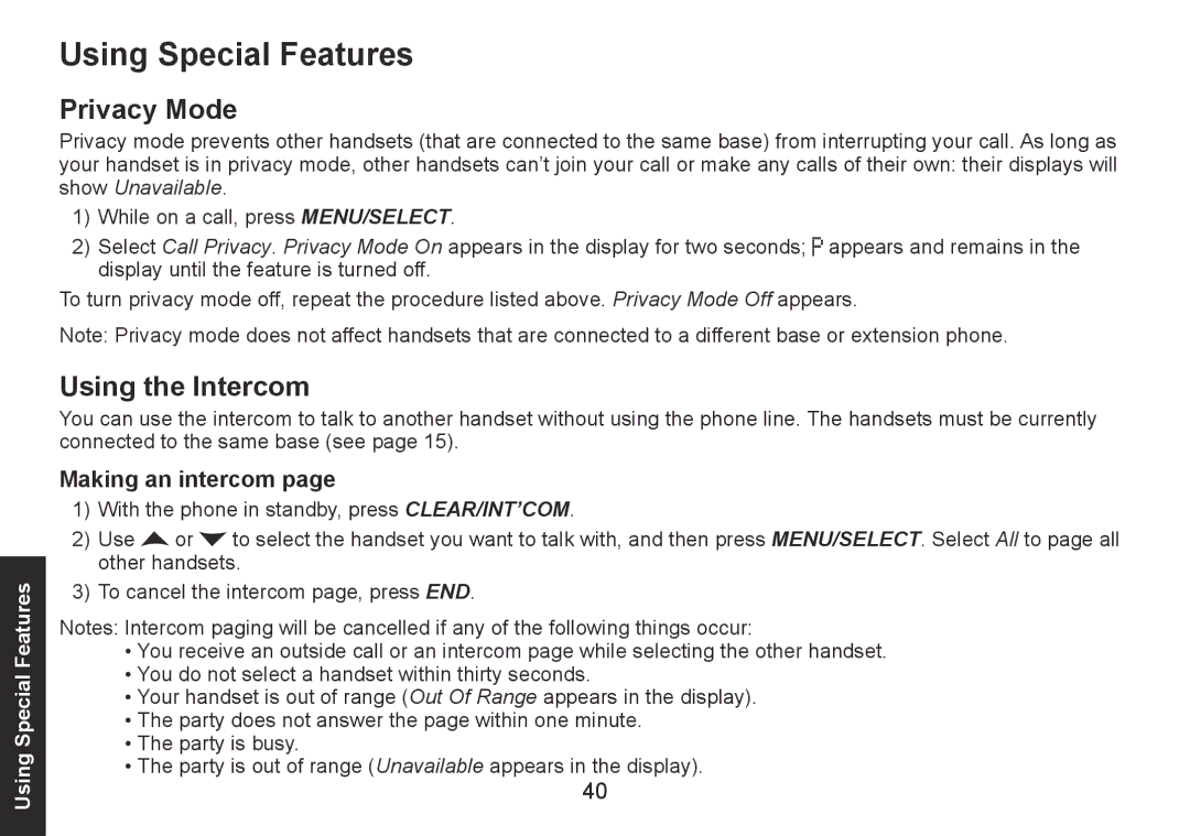 Uniden DECT1560 Series manual Using Special Features, Privacy Mode, Using the Intercom, Making an intercom 