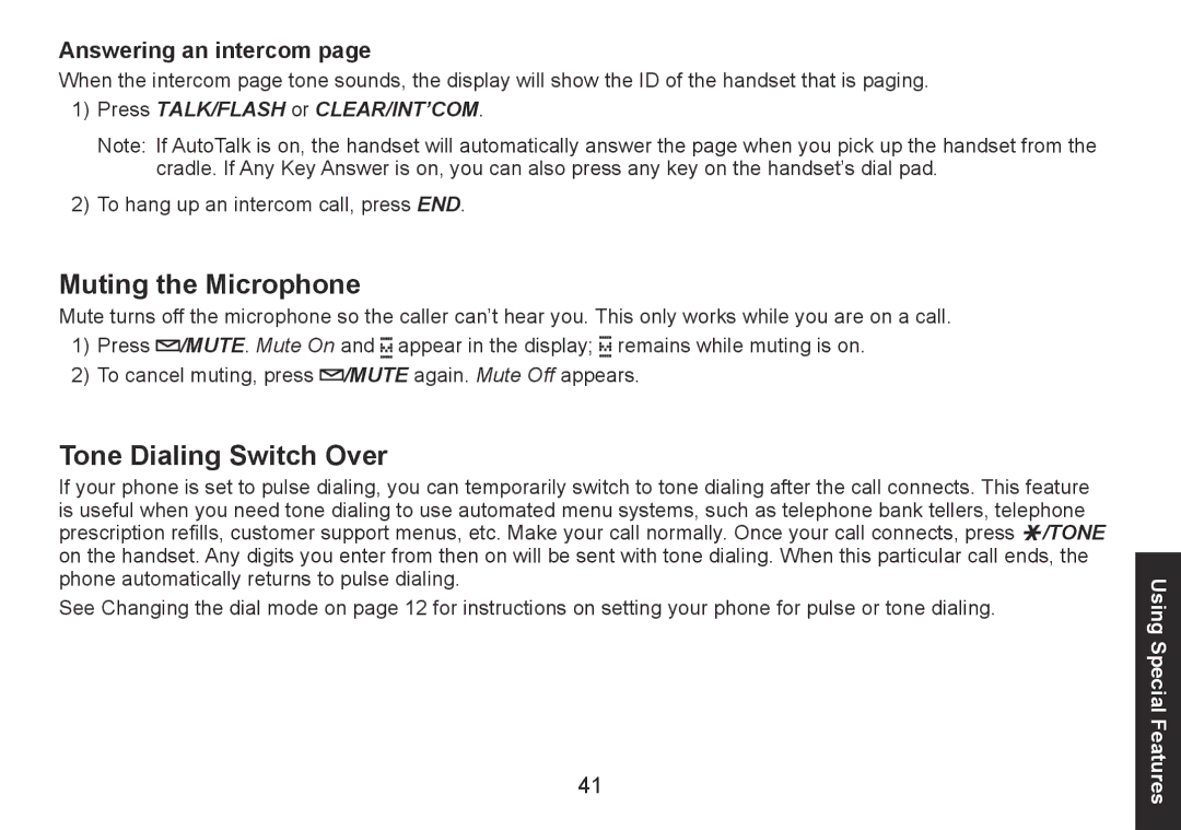 Uniden DECT1560 Series manual Muting the Microphone, Tone Dialing Switch Over, Answering an intercom 