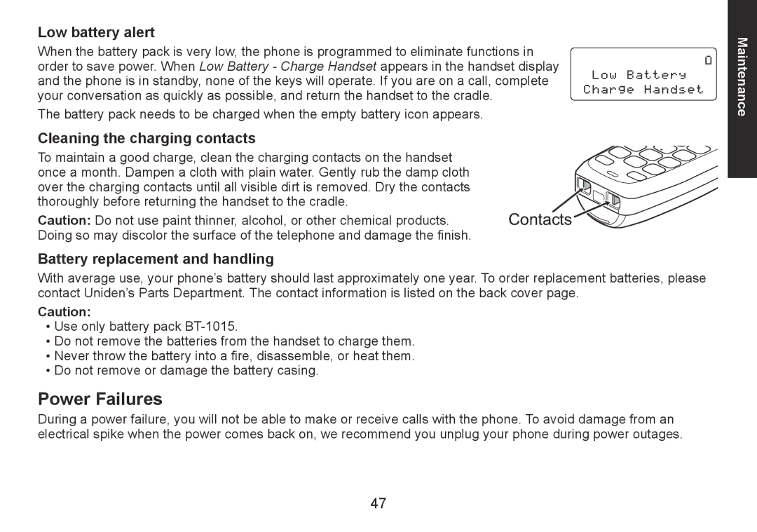 Uniden DECT1560 Series Power Failures, Low battery alert, Cleaning the charging contacts, Battery replacement and handling 