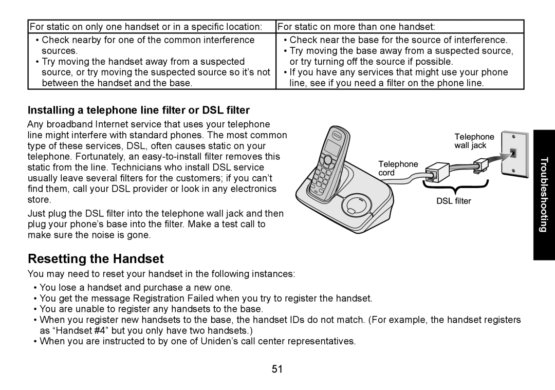 Uniden DECT1560 Series manual Resetting the Handset, Installing a telephone line filter or DSL filter 