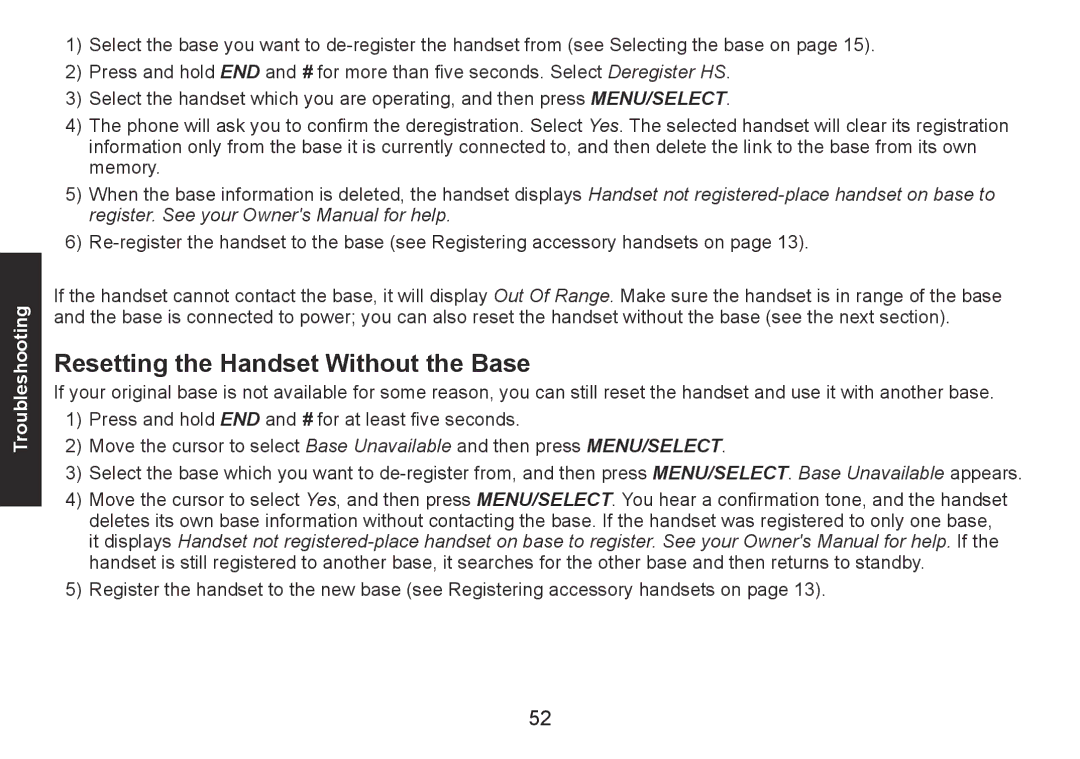 Uniden DECT1560 Series manual Resetting the Handset Without the Base 