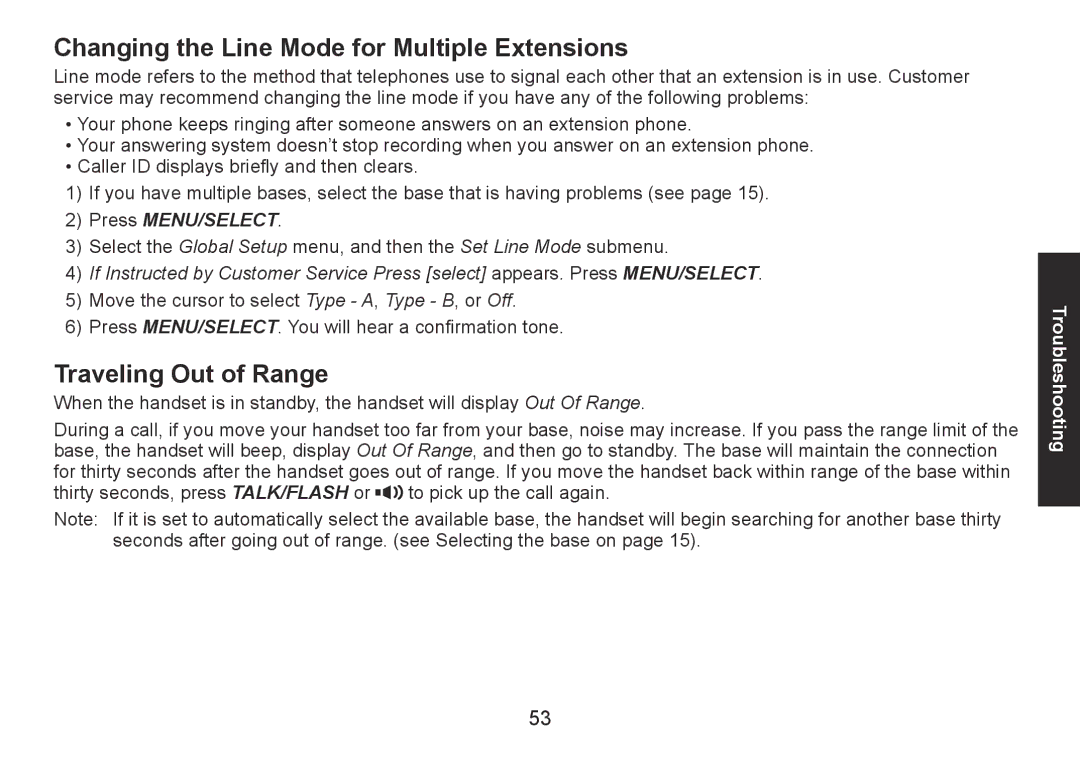 Uniden DECT1560 Series manual Changing the Line Mode for Multiple Extensions, Traveling Out of Range 