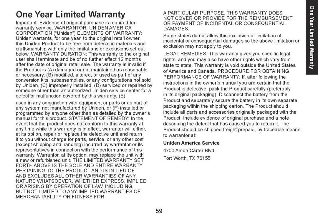 Uniden DECT1560 Series manual One Year Limited Warranty, Important Evidence of original purchase is required for 