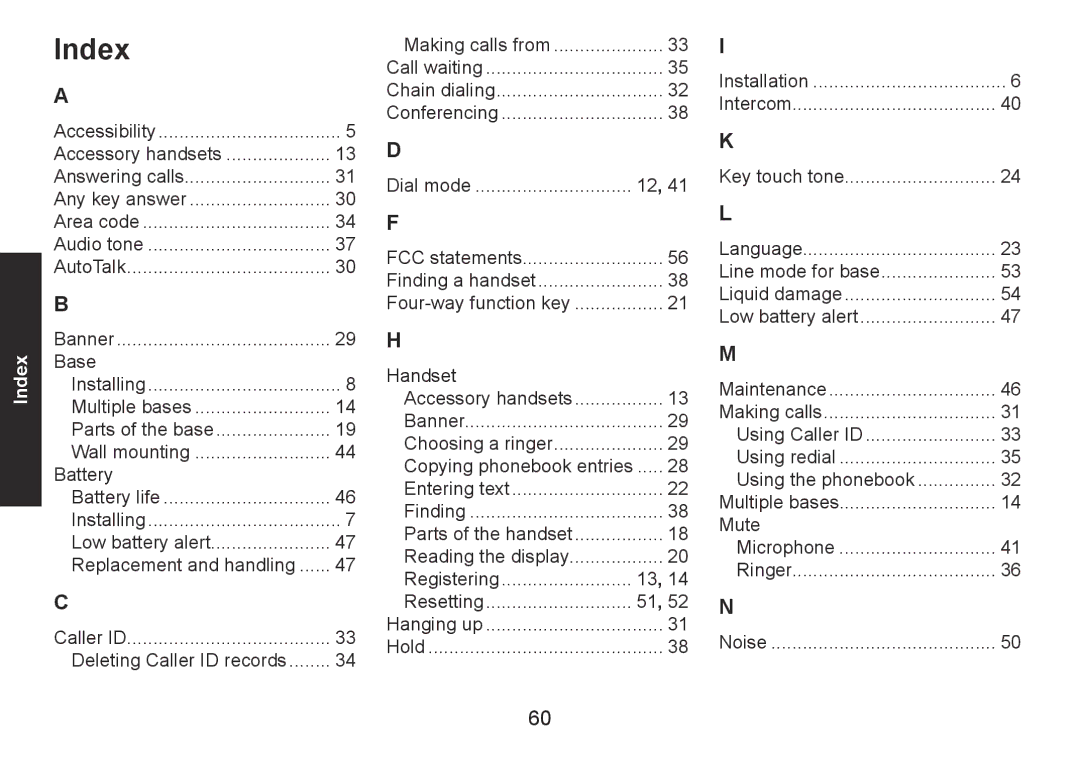 Uniden DECT1560 Series manual Index 