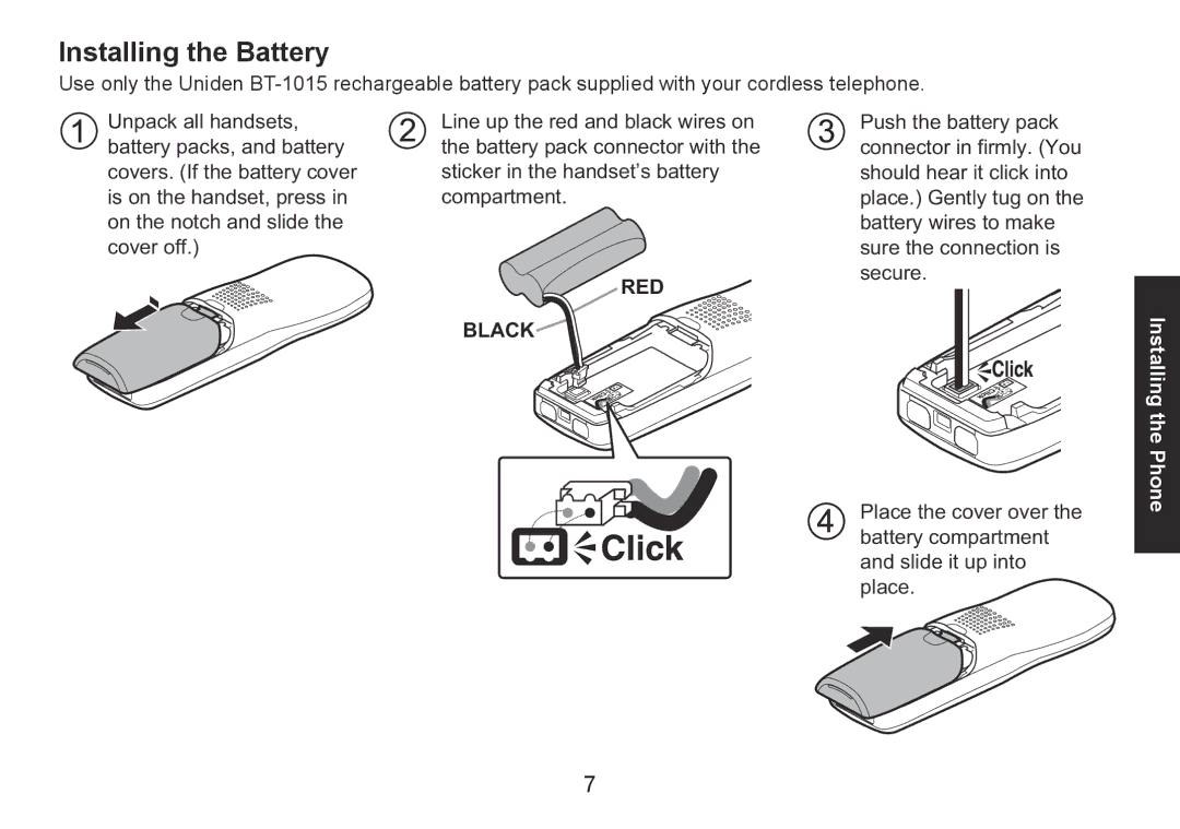 Uniden DECT1560 Series manual Installing the Battery, RED Black 