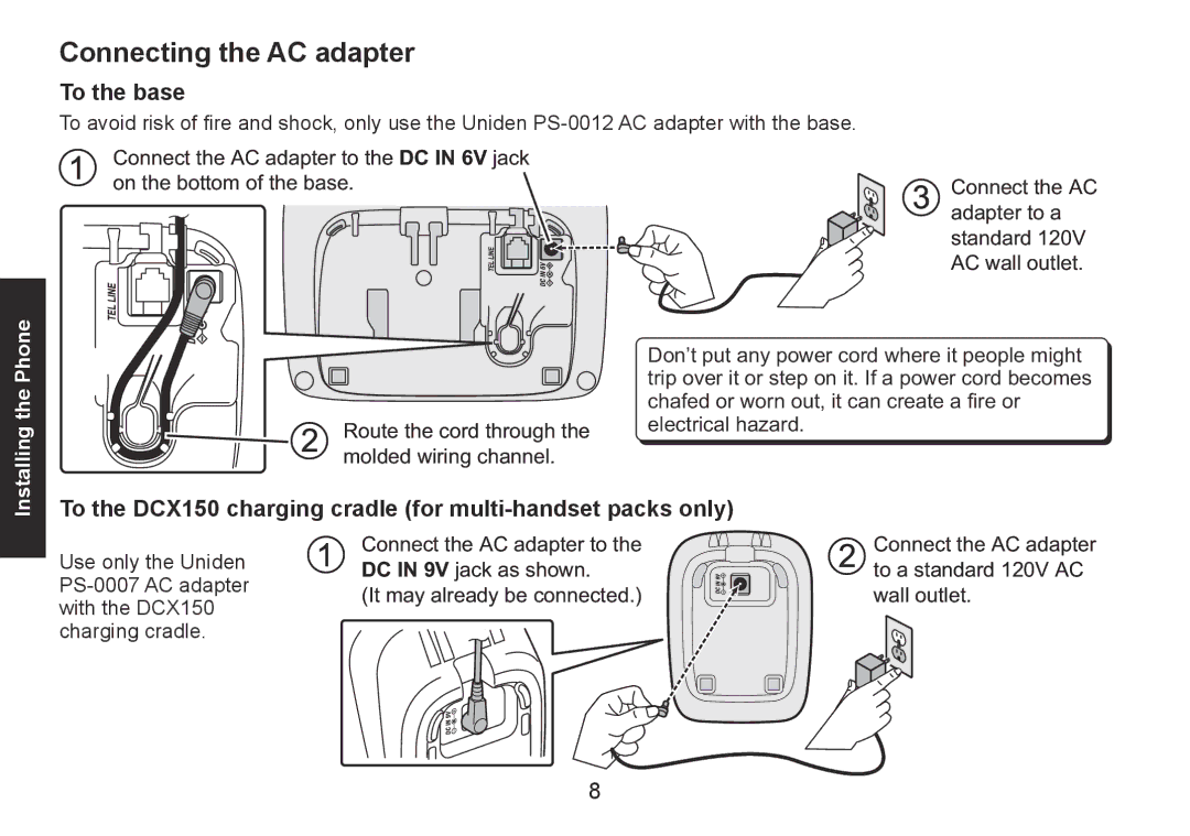 Uniden DECT1560 Series Connecting the AC adapter, To the base, To the DCX150 charging cradle for multi-handset packs only 