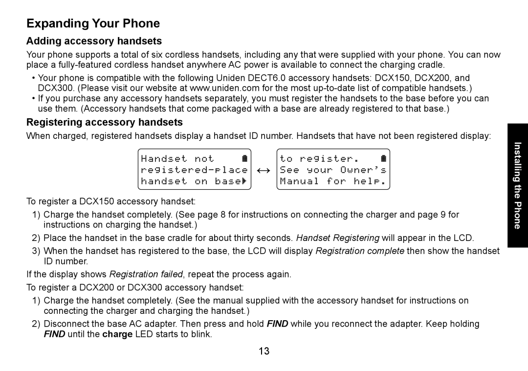 Uniden DECT1560 manual Expanding Your Phone, Adding accessory handsets, Registering accessory handsets 