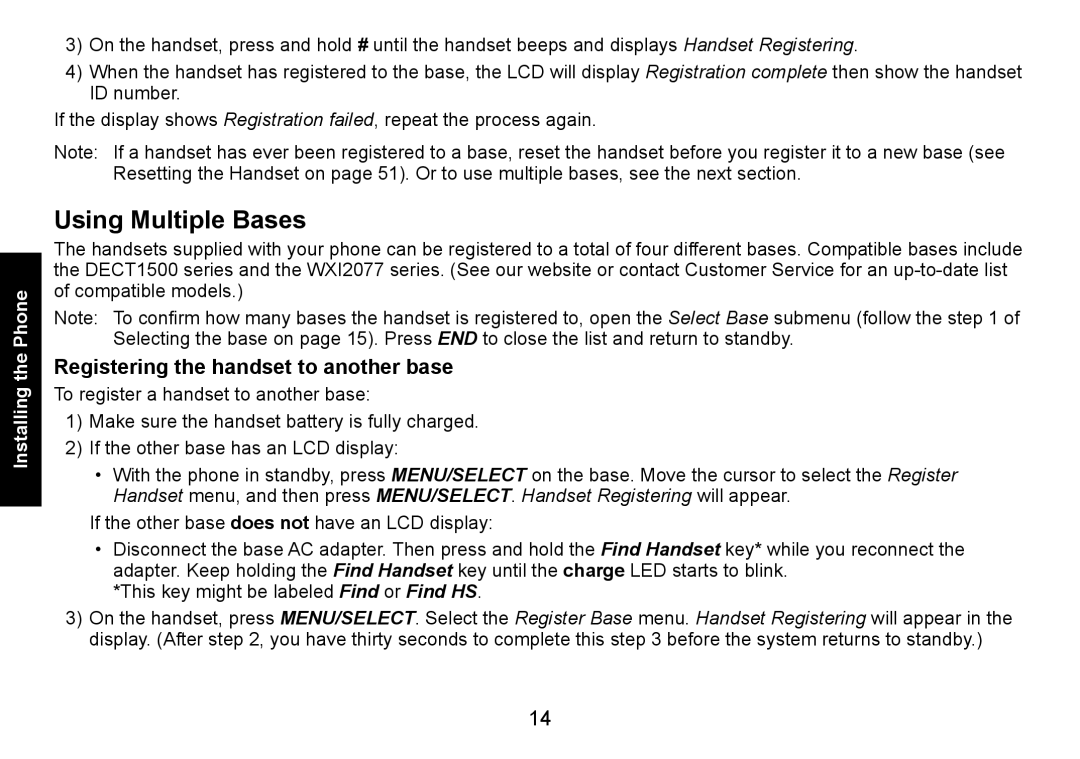 Uniden DECT1560 manual Using Multiple Bases, Registering the handset to another base 